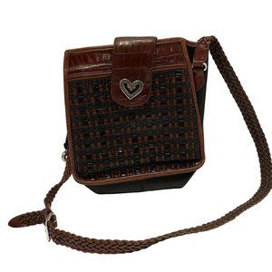 Brighton Brown Black Leather Cross Body Bag Purse Handbag Metal Details